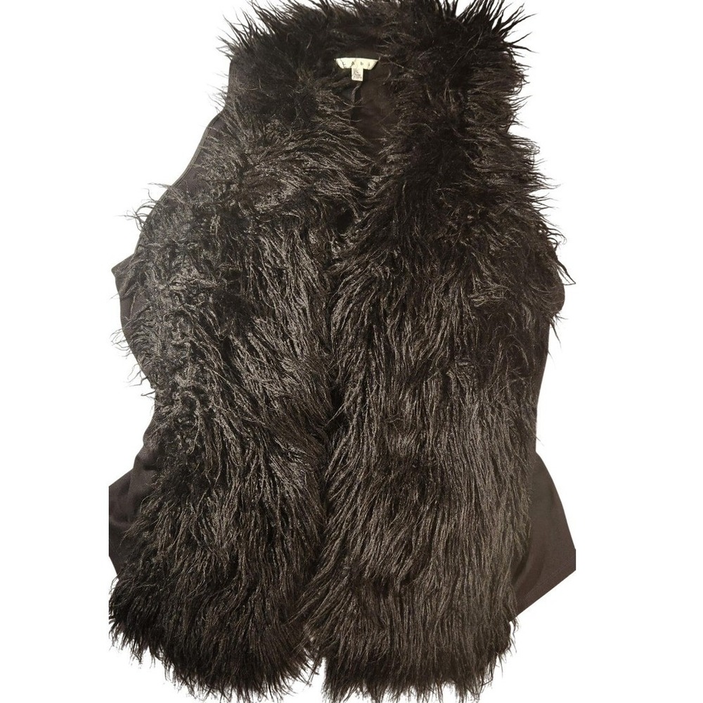 CAbi Faux‎ Fur Vest Womens Large Black Shaggy Knit Open Front infinite 929